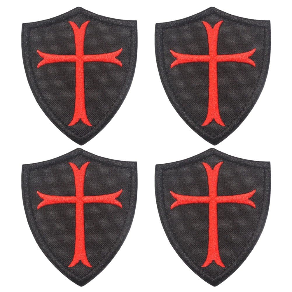 Fituenly 4pcs Knights Templar Embroidered Applique Cross Shield Patch, Military Morale Hook & Loop Fastener Emblem for Caps Bags Backpacks Clothes Vest