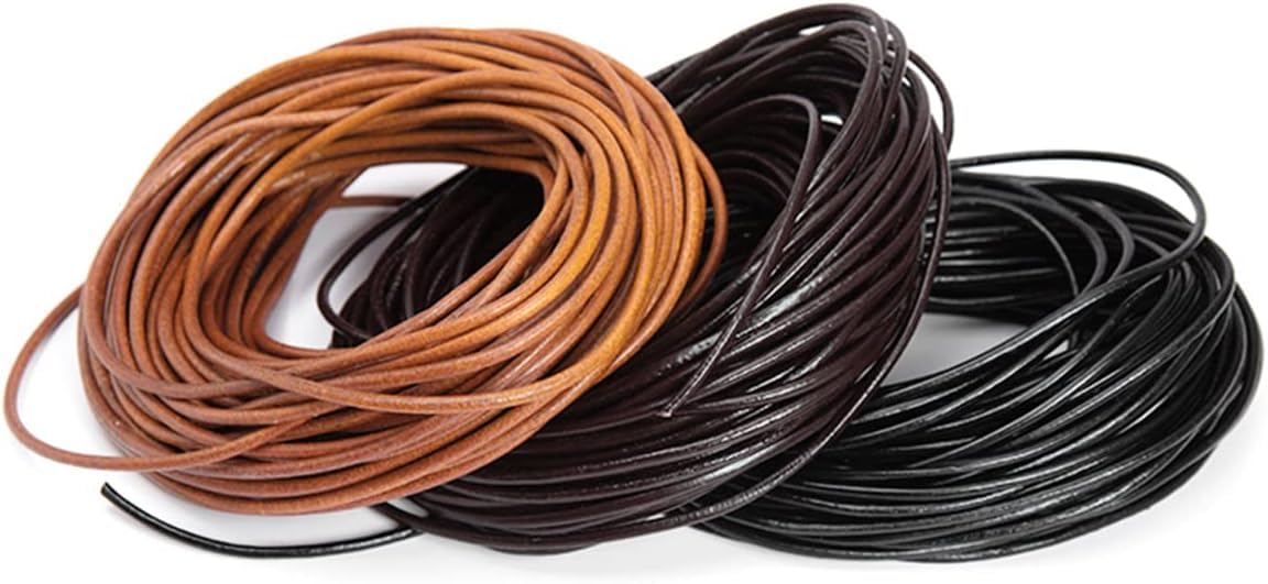 WUTA 3 rolki 6 mm x 10 m skórzany sznurek z prawdziwej skóry do samodzielnego wykonania, biżuterii, bransoletek, rzemyków do łańcuszków (kolor czarny, brązowy, naturalny)