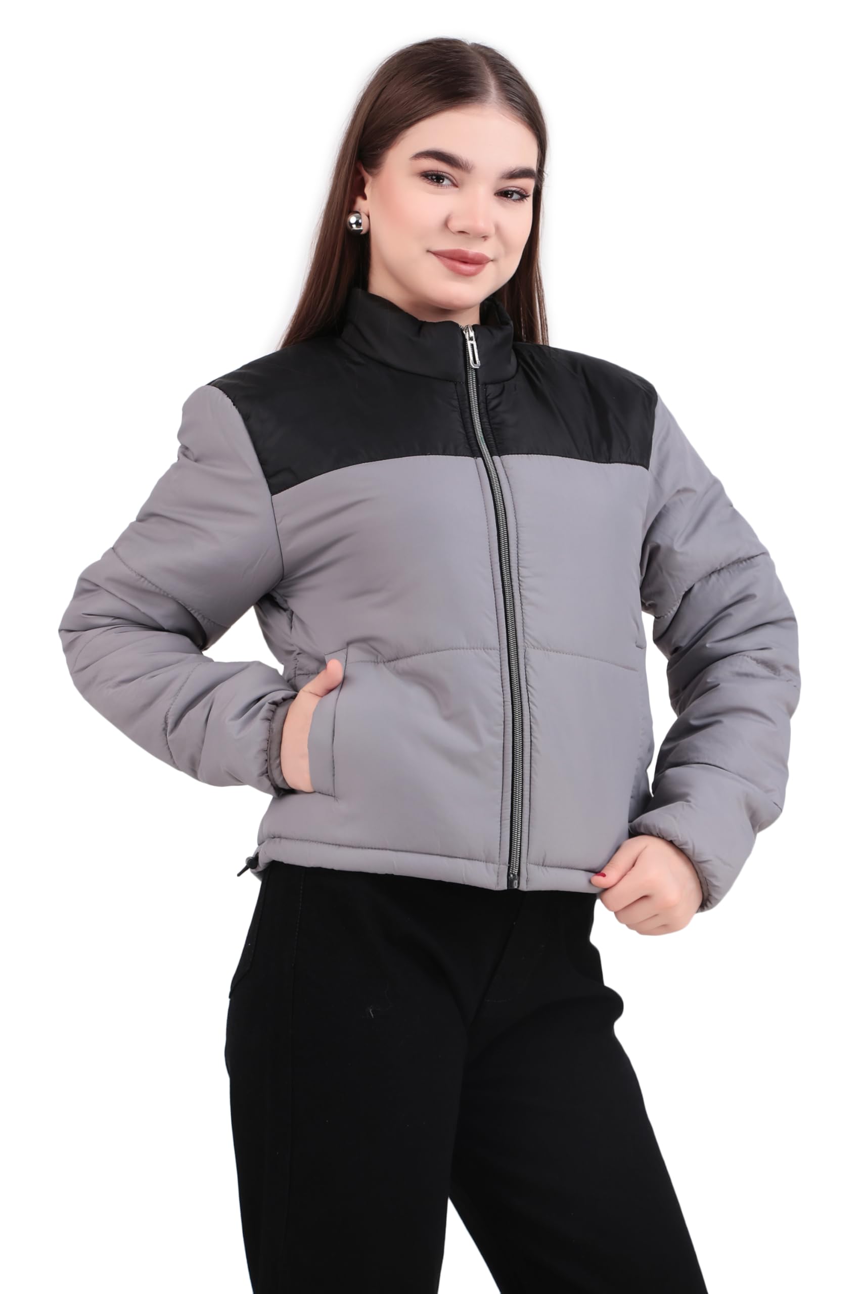 brazo Women’s Grey & Black Colorblock Winter Puffer Jacket | Warm Lightweight Quilted Jacket for Winter-picture-36