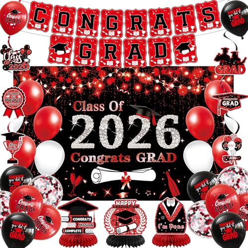 DARUNAXY Black Red Graduation Party Decorations Red Class of 2026 Graduation Banner 2026 Congrats Grad Honeycomb Hanging Swirl Confetti Balloon Congratulations Graduates Party Supplies(25PC)
