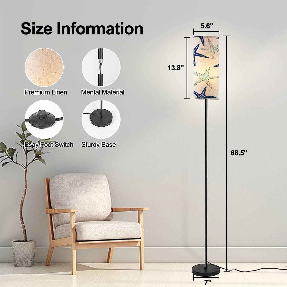 Coastal Repeat Pattern Blue Sea Stars Floor Lamp - White, Modern, Standing, Remote Control, Dimmable, Tall, Corner Lamp for Living Room, Office, Bedroom, Reading