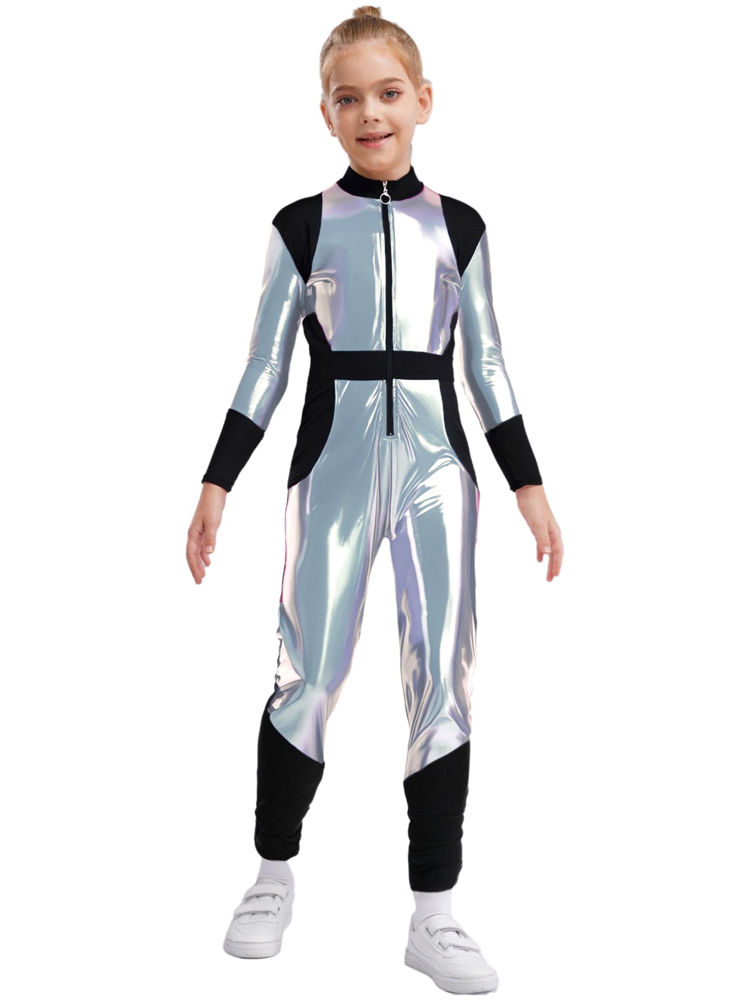 Yeahdor Kids Girls Boys Alien Role Play Costume Shiny Metallic Zipper Bodysuit Outfit Long Sleeve Alien Jumpsuit Silver 7-8 Years
