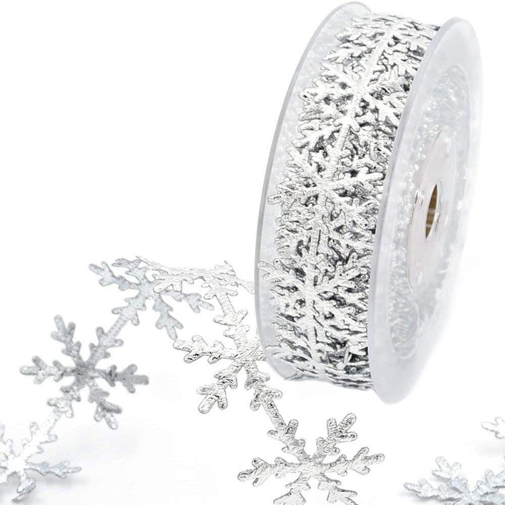 Ancllo Silver Glitter Snowflake Ribbon With Sequins - Embossed Trim For Christmas Decoration & Festive Events - 2.5 Cm X 10 Meters