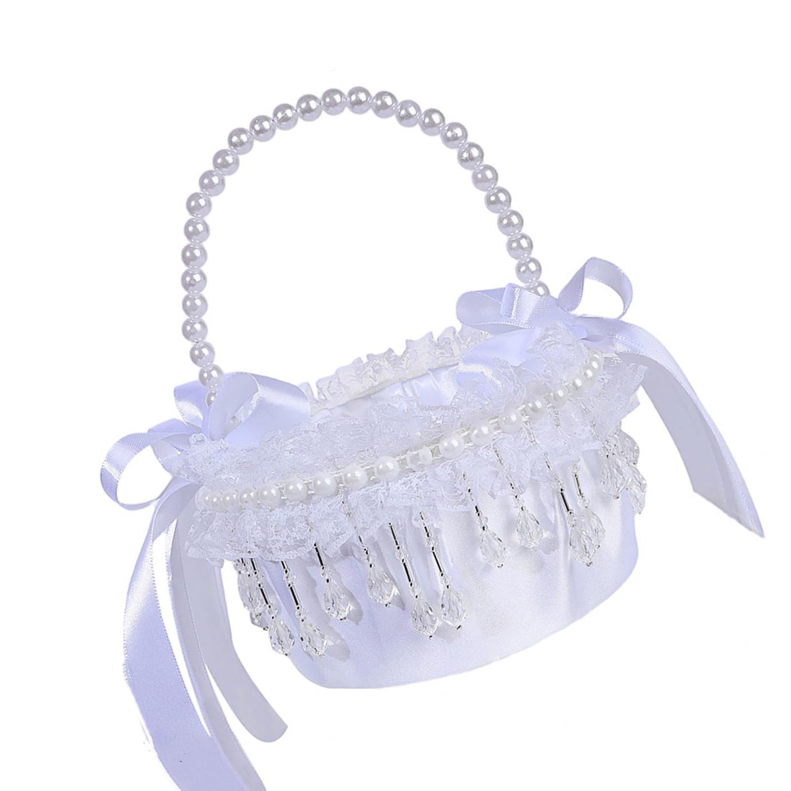 Jazuaiao Crystal Pearls Tassels Basket for Wedding Party Decorations Handcrafted Floral Container with Silk Fabric Pearls Silk Party Decorations