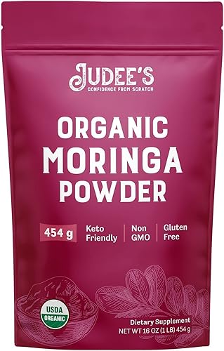 Judee's Moringa en polvo orgánico de 1 libra, sin OMG, sin gluten y apto para dieta cetogénica, se mezcla bien en batidos y batidos de proteínas,
