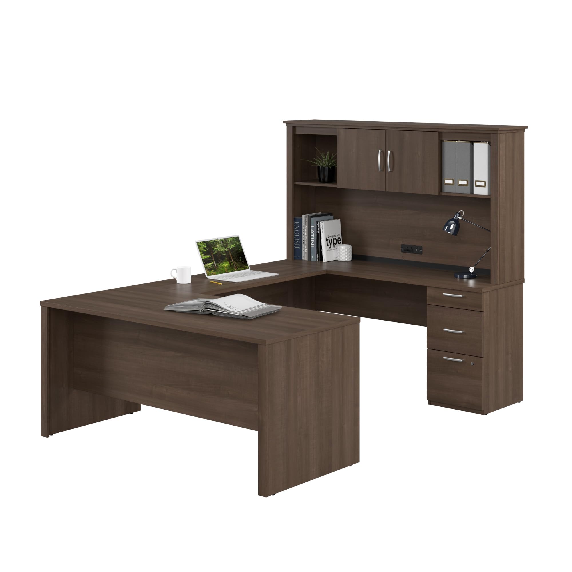 Bestar Logan 66W U or L-Shaped Executive Office Desk with Pedestal and Hutch in Antigua
