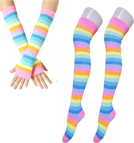 Miniatura 5 de Chiclinco Juego de calcetines de rayas arcoíris y guantes sin dedos, calentadores de piernas de los años 80, calcetines altos de altura para fiesta