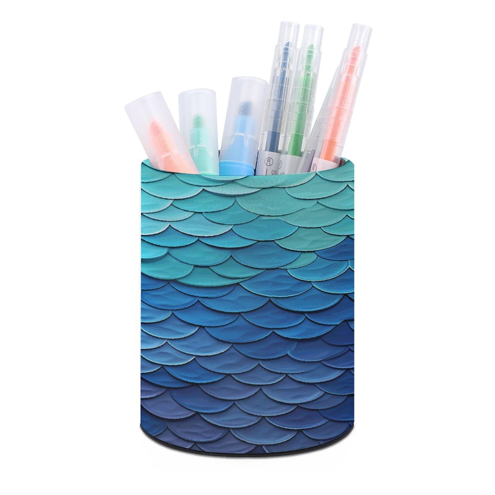 VstaDank Ocean Sea Blue Mermaid Fish Scale Pen Holder PU Leather Pencil Cup Minimalist Desk Pencil Holder Round Make Up Brush Organizers For Office Dorm Room&Vanity Desk Accessories