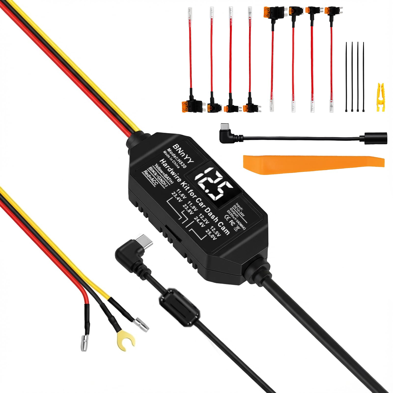 USB C Hardwire Kit for Dash Cam with Low Voltage Protection Acc Detection 4-Level Adjustable Voltage 11 6V-12