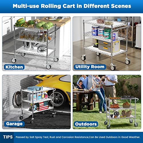 Leteuke Heavy Duty 3 Tier Rolling Utility Cart,Nsf Certified 990Lbs Capacity Rolling Carts With Wheels,Commercial Grade Metal Cart With Handle Bar & Shelf Liner,Trolley Serving Cart For Kitchen,Chrome #TOP4