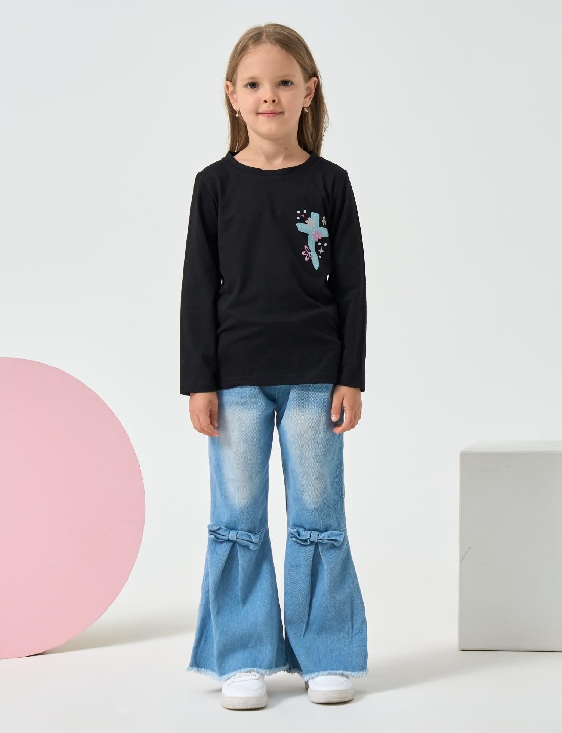 Toddler Girl Clothes Long Sleeve Cartoon & Letter Graphic Top + Fruit Stationery Print Flared Leg Pants - Image 3