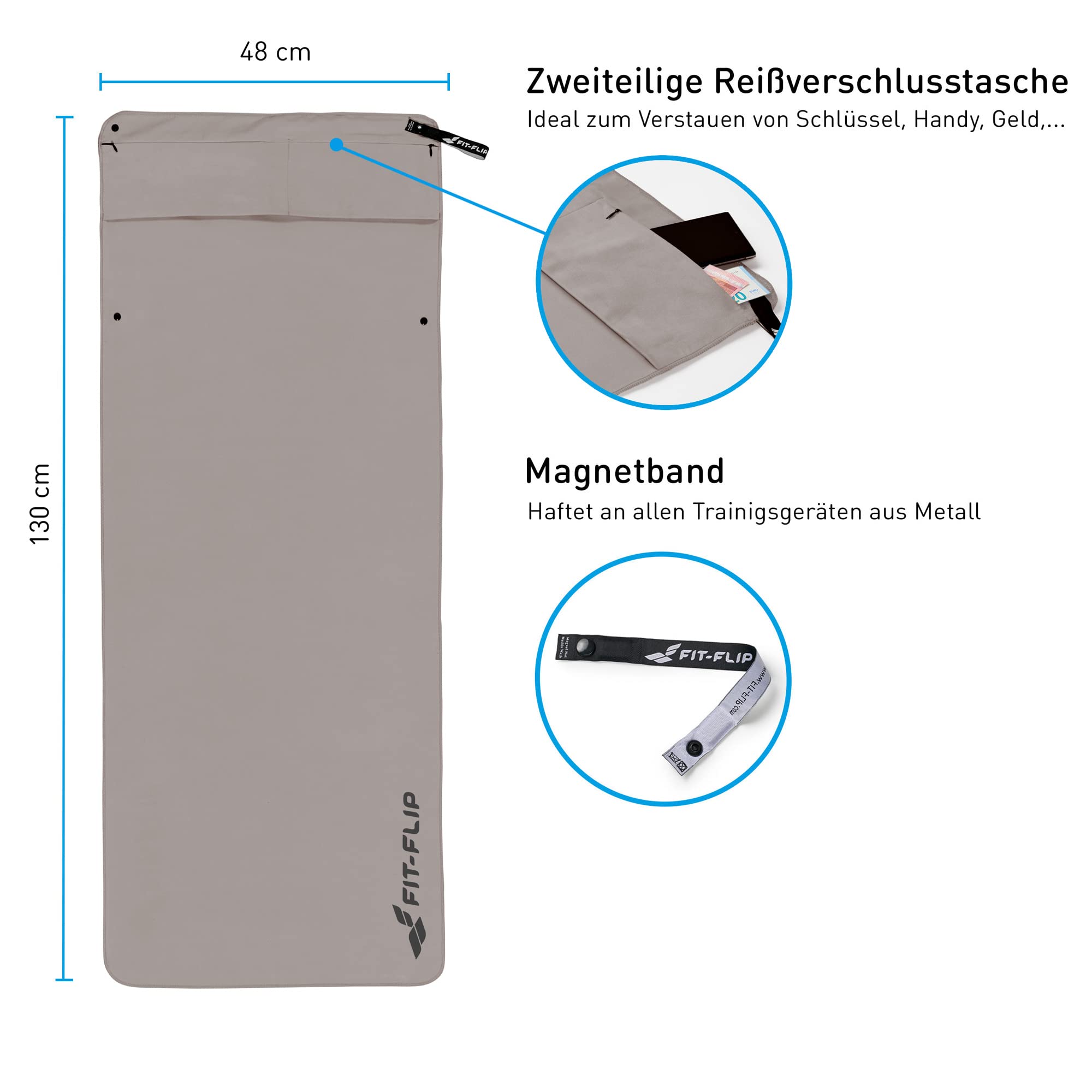 Fit-Flip Asciugamano Sportivo con Scomparto a Cerniera e Clip Magnetica - Telo in Microfibra - Compatto e ad Asciugatura Rapida - Accessori da Palestra uome e Donna