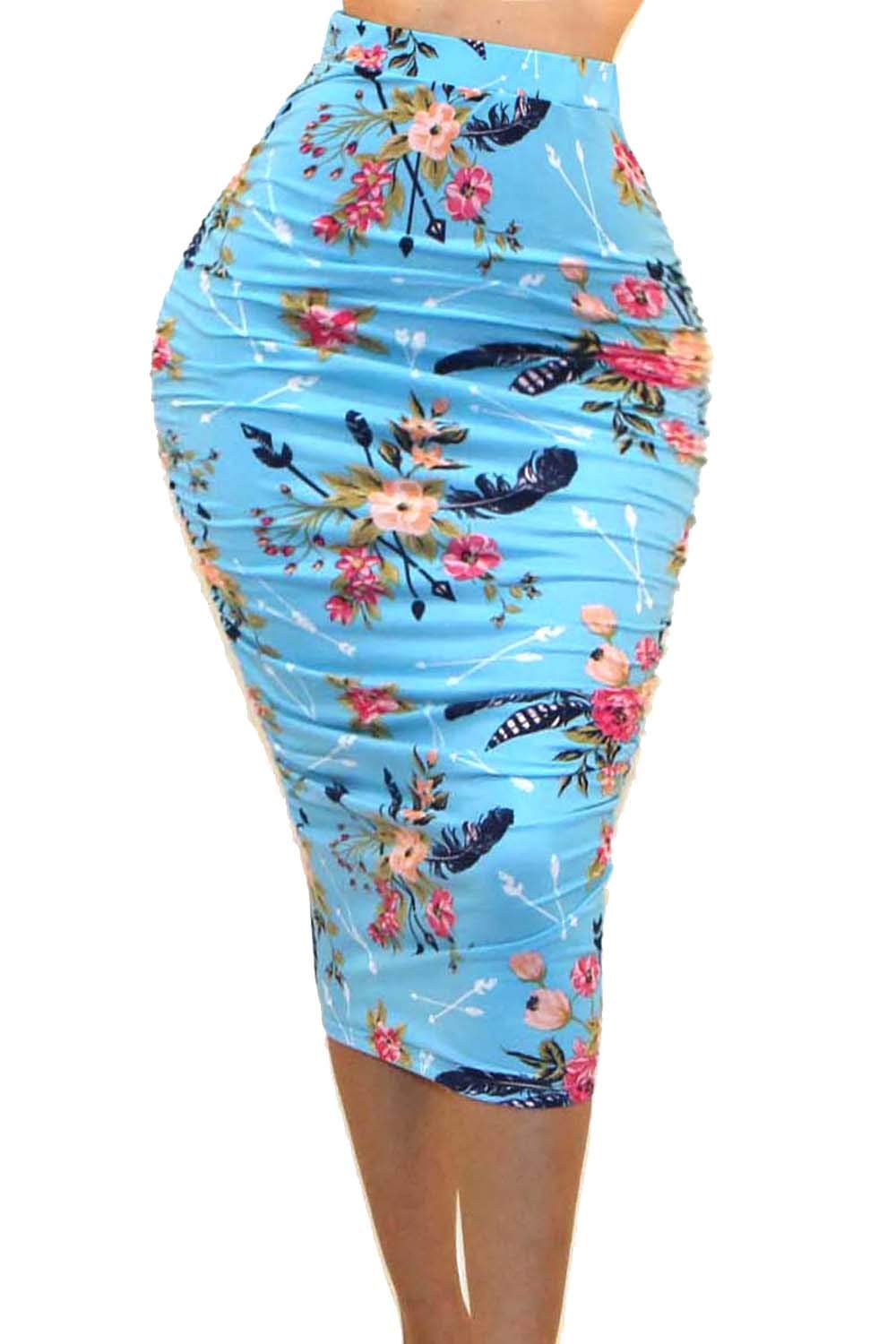 Vivicastle Women's High Waist Ruched Pencil Skirt - Ruffle Detail, Mid-Calf Length, Stretchy Elastic Waist, Made In USA