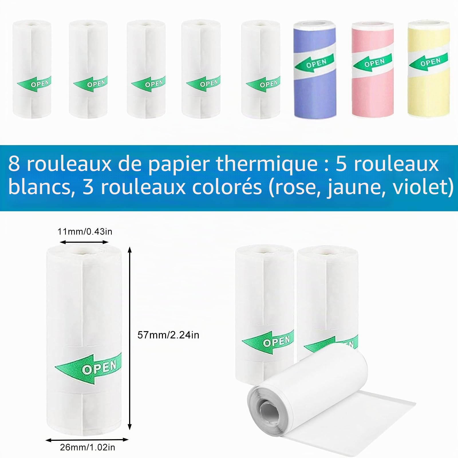 Mini Rouleaux Papier Autocollant Thermique 57x25mm pour Imprimante Phomemo Memoking - Lot de 8