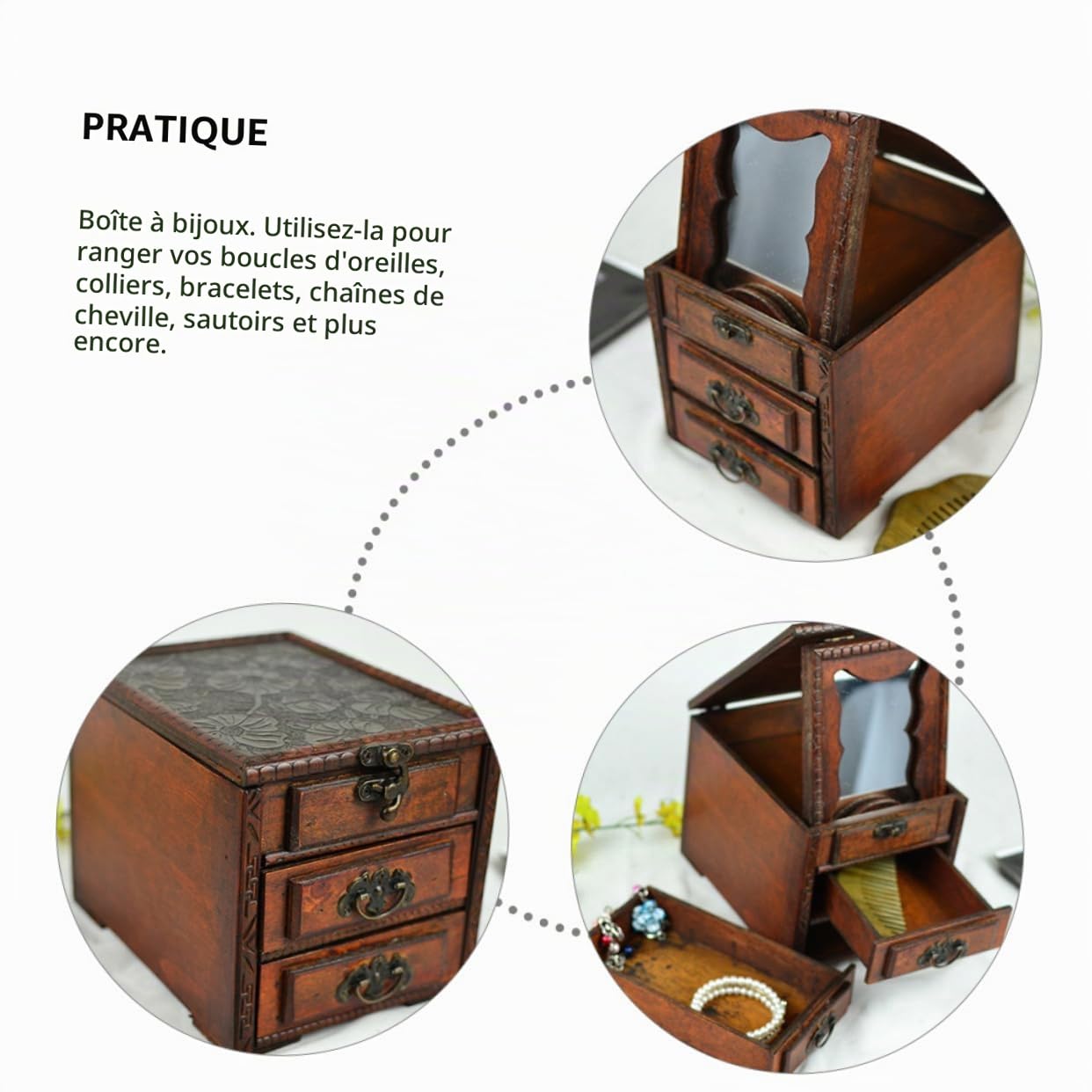 Alipis Coffret à Bijoux en Bois Vintage avec Miroir, Organisateur de Rangement pour Colliers et Boucles D'oreilles, Style Chinois Charmant, Protège Dommages pour Présents Spéciaux