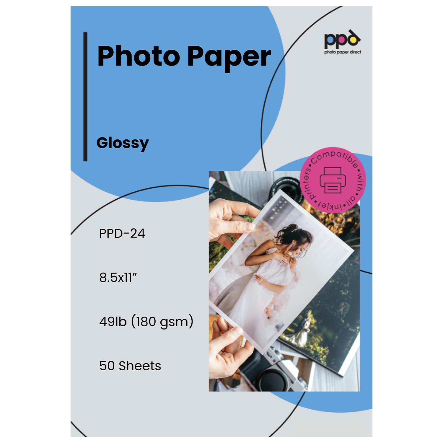 PPD Inkjet - A4 x 50 Hojas de Papel Fotográfico Brillante 180 g/m² - Calidad Profesional para Uso Diario - Secado Instantáneo - Para Impresión de Inyección de Tinta - PPD-24-50