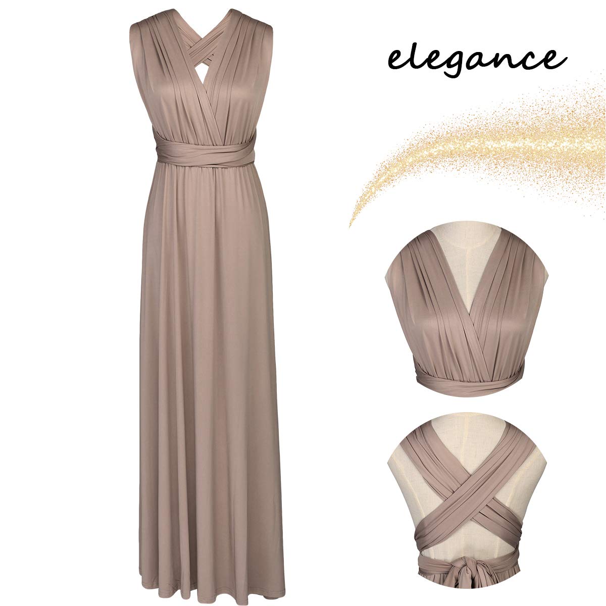 Abendkleid Lang Damen Elegant Rückenfreies Multiway Bandage Wickelkleid Festlich Hochzeitskleid Brautkleid Brautjungfernkleider Cocktailkleid Weihnachten Silvester Partykleid Ballkleid Hellbraun M