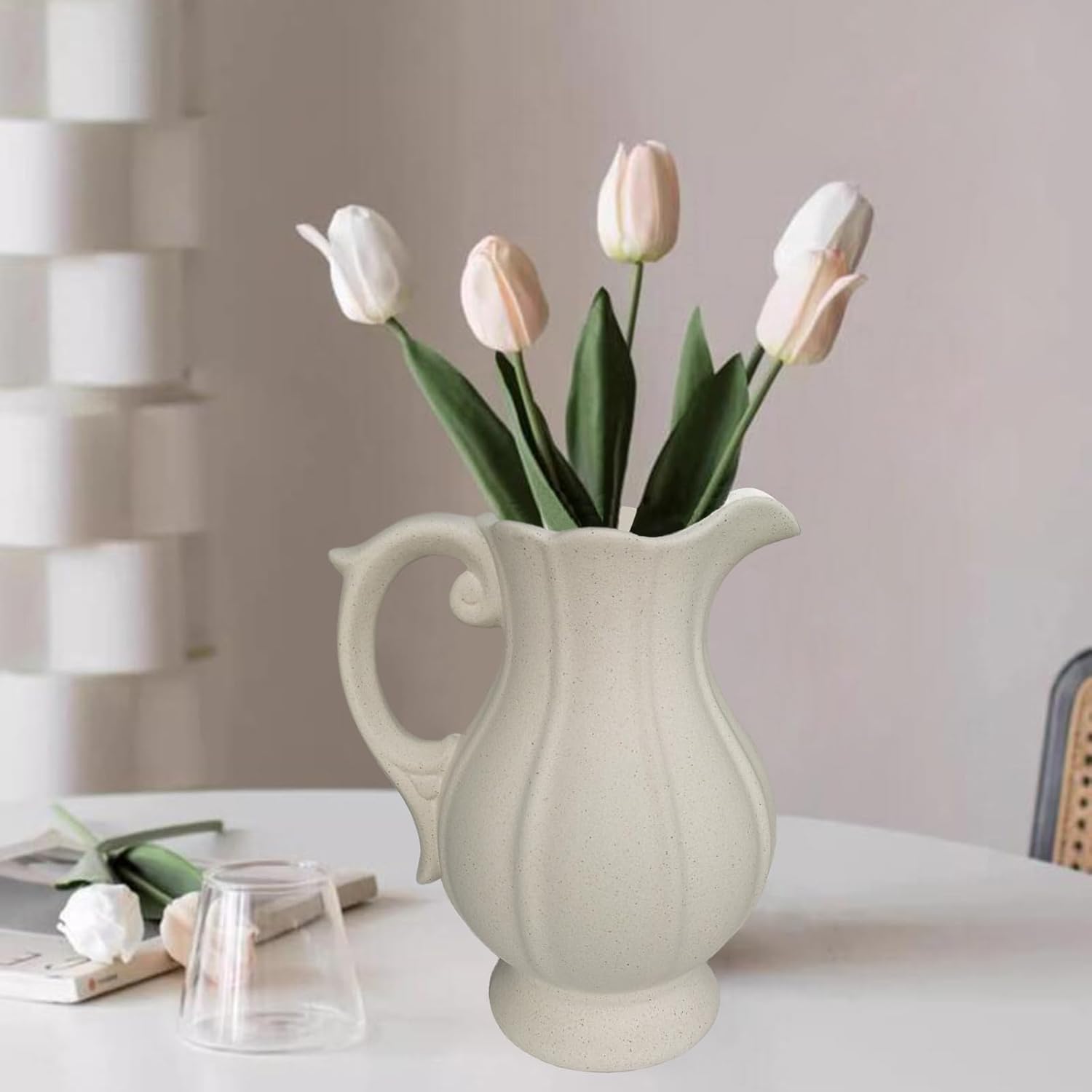 Large Rustic Ceramic Vase for Home Decor, Antique Textured Wide Mouth Farmhouse Clay Jug Pitcher Pottery Flower Vases with Handle for Aesthetic Gift…