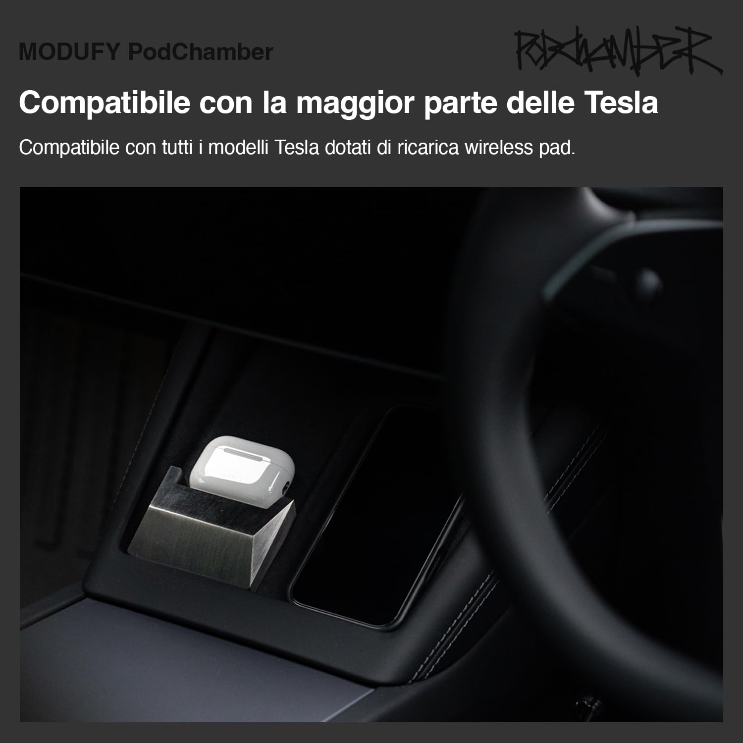 PodChamber Tesla esclusivo Supporto di ricerca per Auricolari abilitati Qi (Compatibile con Qi / Earbuds / Soundcore P40i / NOTHING Ear / Cybertruck / Stainless / Model3 / ModelY / Tesla)