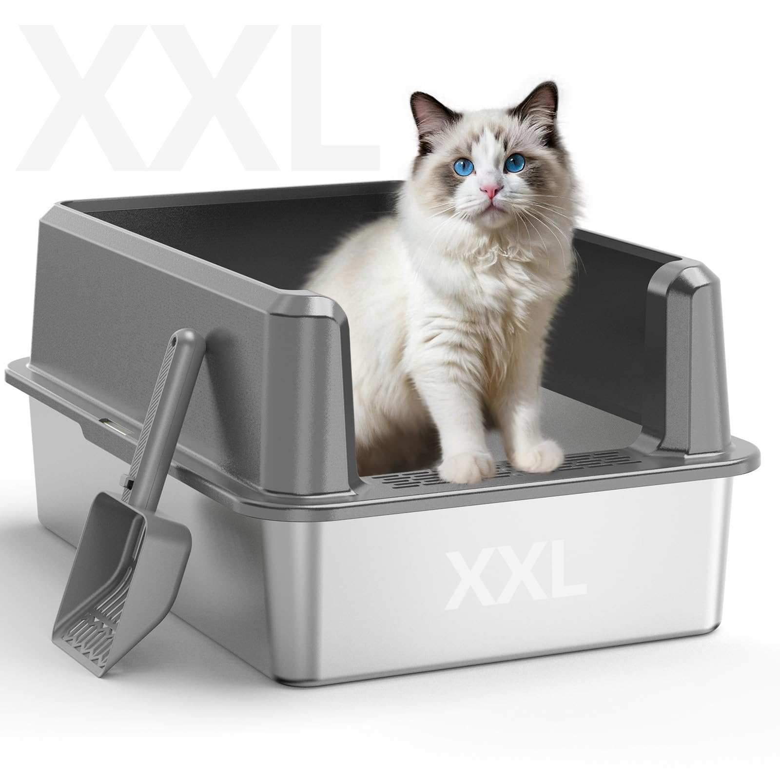 Enclosed Stainless Steel Cat Litter Box with Lid, XL Extra Large Litter Box for Big Cats, Metal Litter Pan High Sided, Never Absorbs Odors, Anti-Urine Leakage, Include Scoop (65-LightGray)