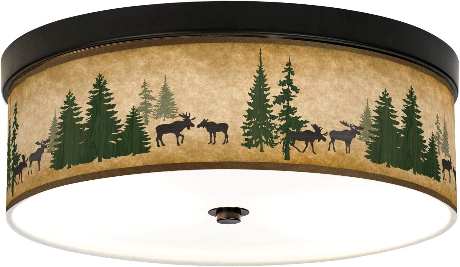 Giclee Gallery Moose Lodge 14" Rustic Western Flush-Mount Ceiling Light Fixture Kitchen Foyer Hallway Drum Round Print Shade LED Dimmable Brown Bronze Finish Fabric Bedroom Bathroom Entryway