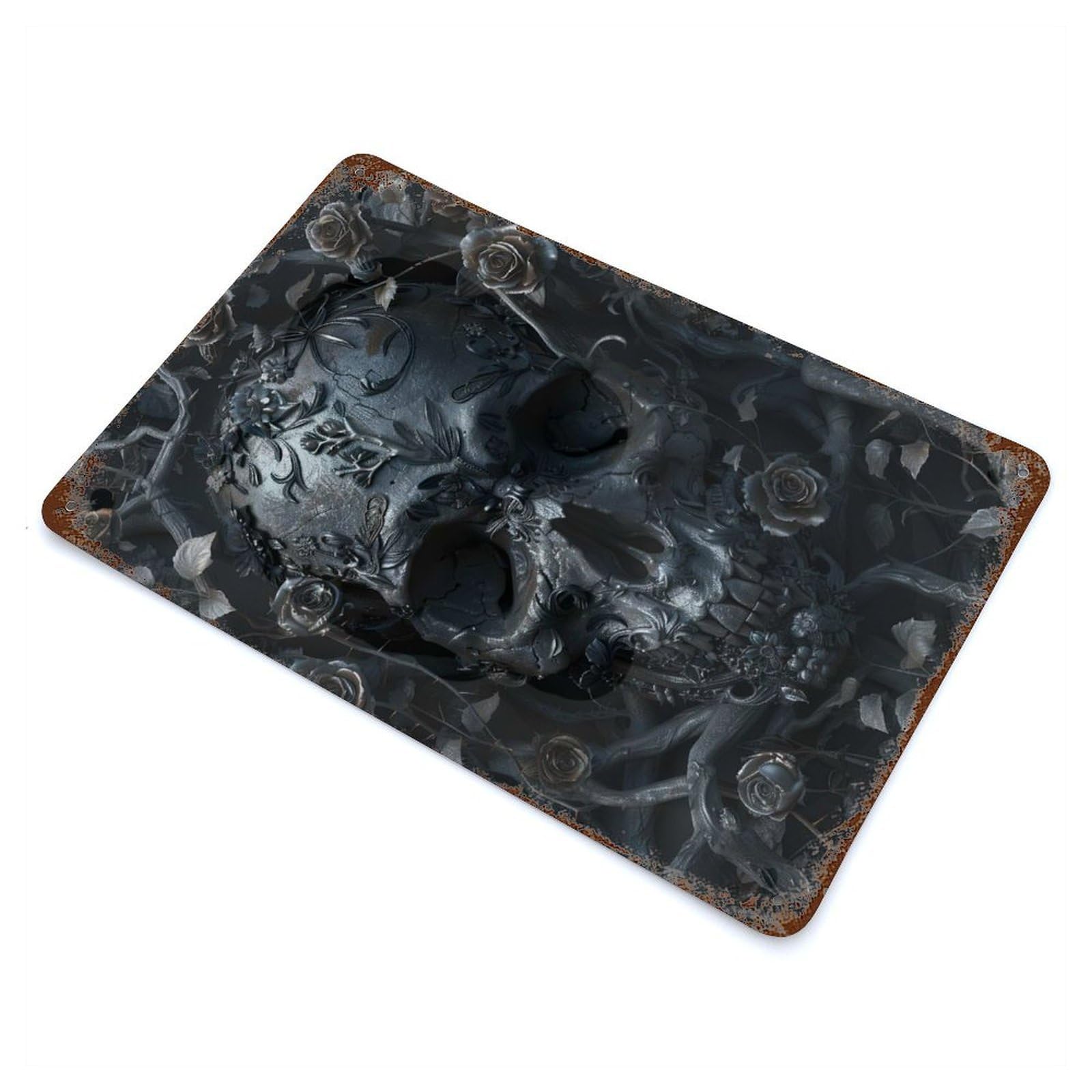 Gothic Skull with Roses Rusty Metal Tin Sign 11.8"x7.9", Ideal for Patio, Garden Room And Bar Decor