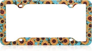 Stainless Metal Car License Plate Frame Covers with 4 Holes - Unique Designs, Standard Size for U.S. and Canada (Sunflower)