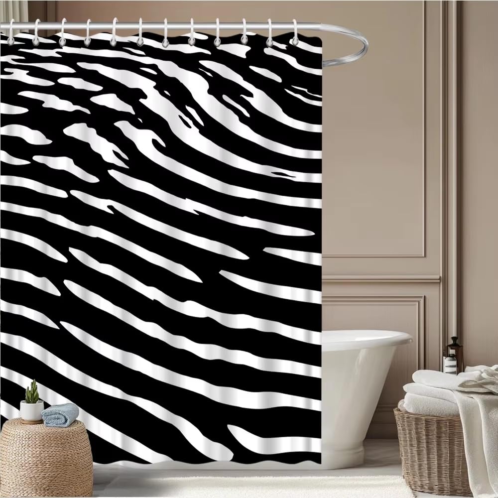 KELAIMI Black and White Zebra Striped Print Shower Curtain with Hooks,Modern Abstract Animal Stripe Bathroom Curtain,Bold Bathtub Curtain Black 200X240Cm