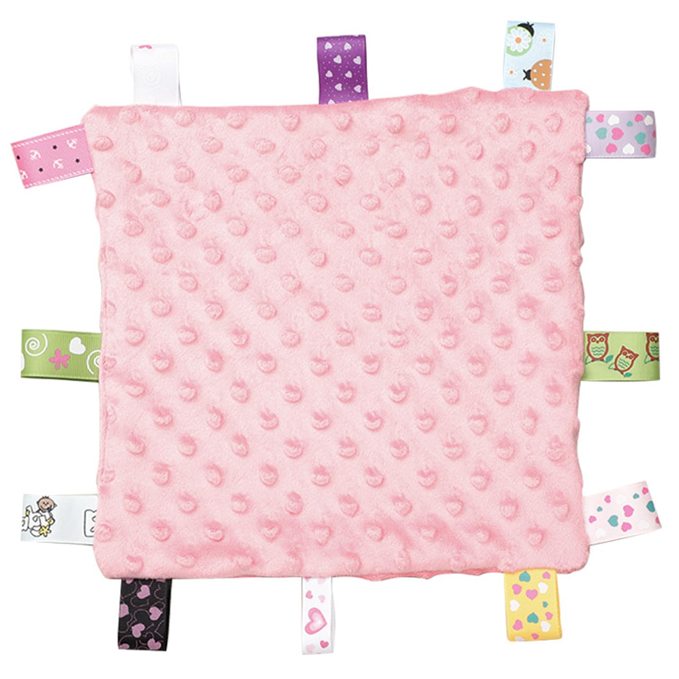 Taggy Blankets,Pink Cotton Taggy Comforter Tag Baby Blanket Taggies for Babies,Security Touch Comforter Soft Sensory Blanket with Colorful Satin Ribbon Soothing Plush for Boy Girl Infant Newborn Gift