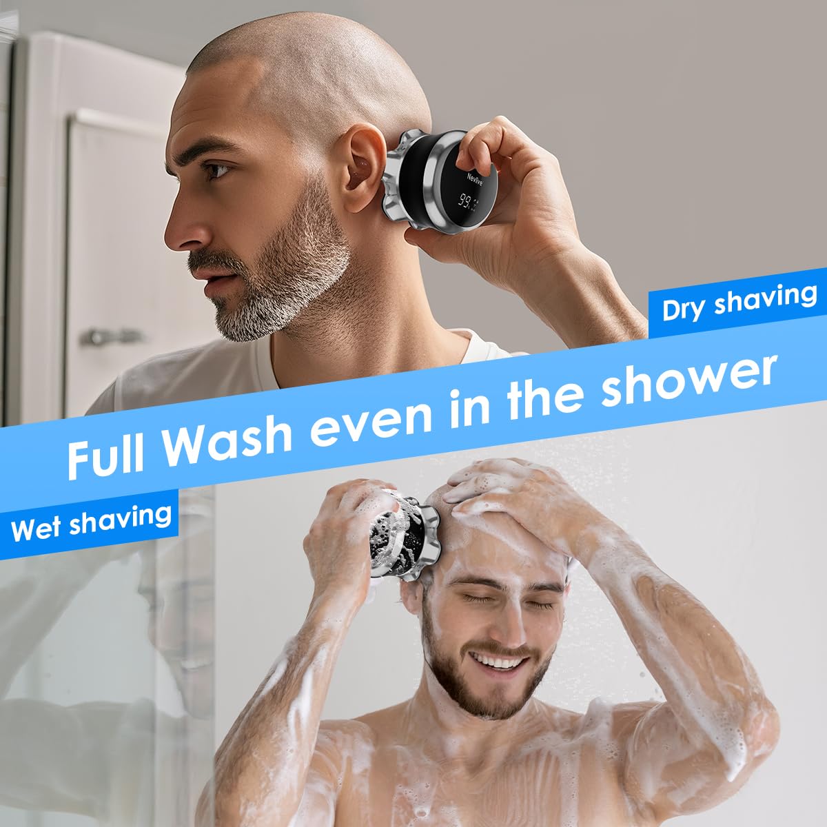 Afeitadora de cabeza calva para hombre, maquinilla de afeitar eléctrica giratoria 7D con cabeza magnética desmontable, afeitado de cierre suave, pantalla LED, IPX7 impermeable, carga rápida USB-C