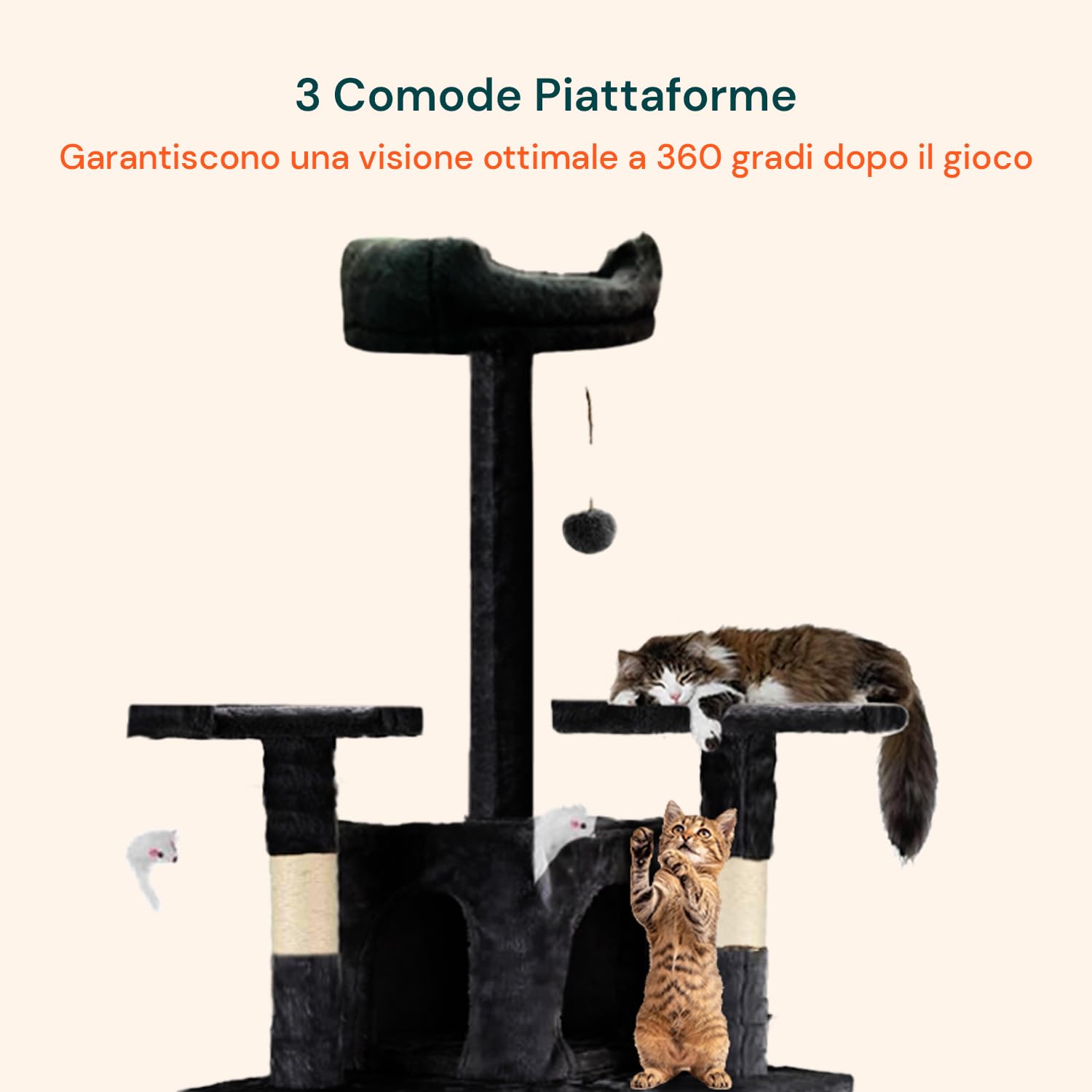 Tiragraffi XXL 170cm con Doppia Cuccia per Gatti Adulti, Albero Giochi in Sisal e Peluche, Piatteforme Relax, Ampio e Sicuro per il Massimo Divertimento dei Gatti Nero