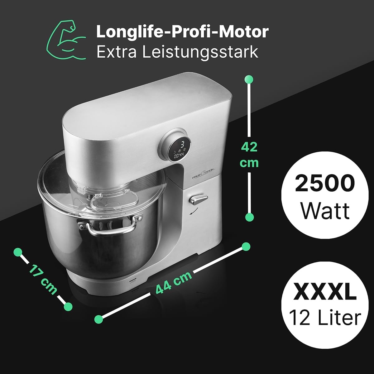 ProfiCook Küchenmaschine mit XXL 12L Schüssel | Knetmaschine mit 2500W | Metallgetriebe und LED-Display | Food Processor für bis zu 8,5 kg Teig | 13 Geschwindigkeiten | PC KM 1254 titan