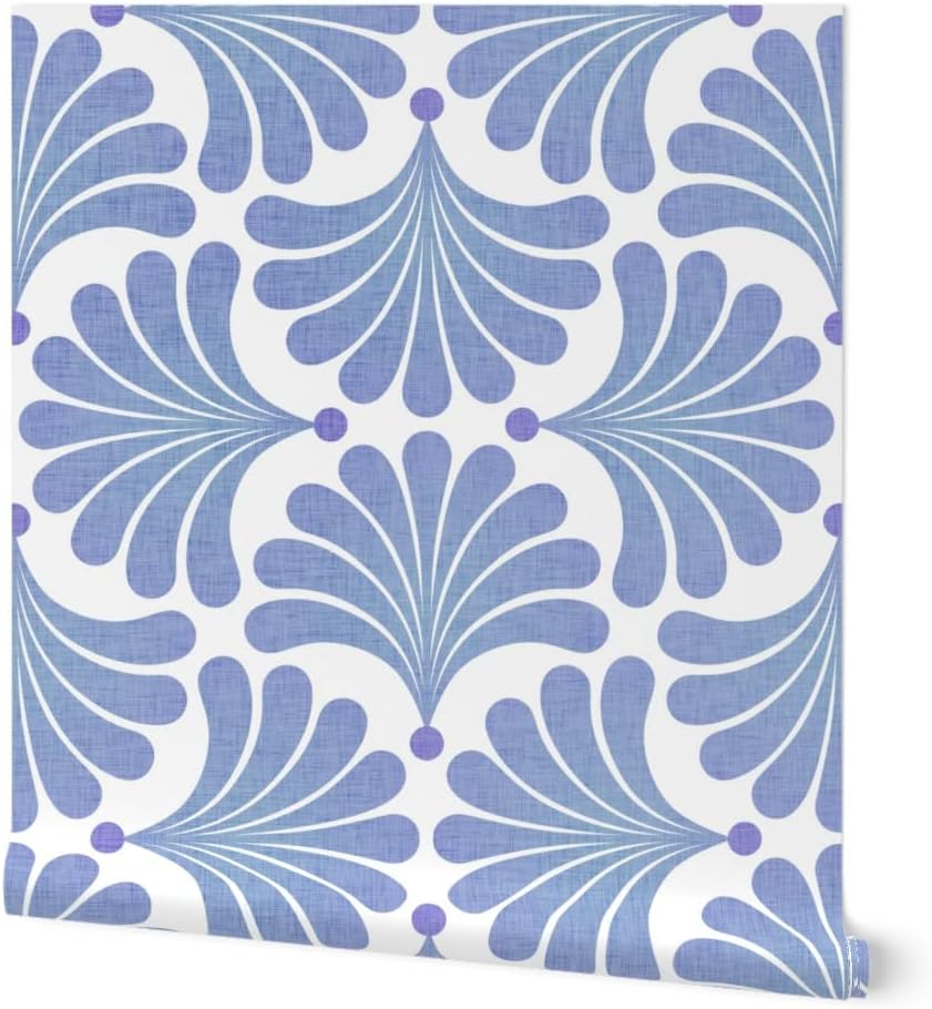 Spoonflower Commercial Grade Wallpaper 27ft x 2ft - Geometric Floral Periwinkle Minimalist Blue Flowers Seashell Sky Large Scale Traditional Wallpaper