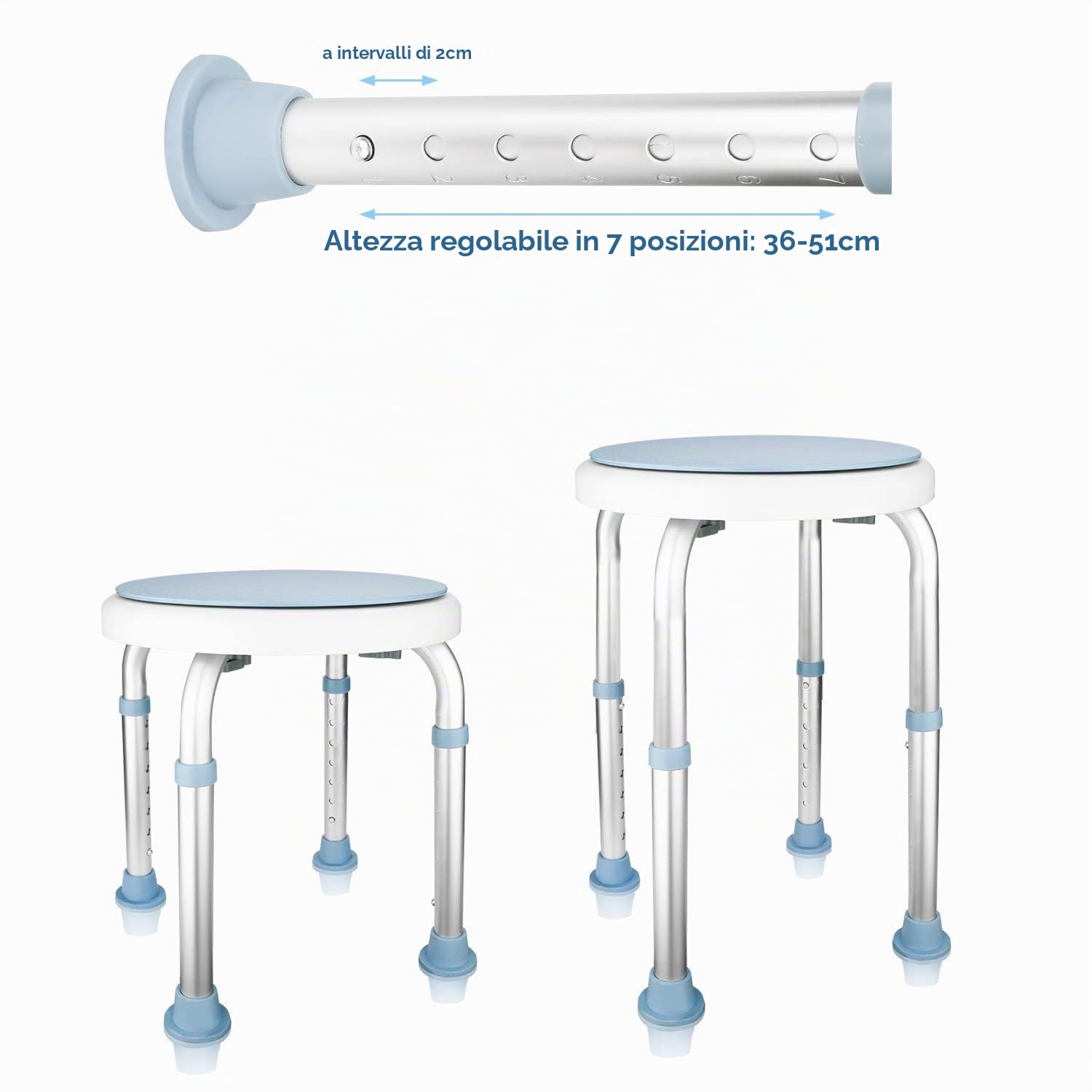 Sgabello da doccia, girevole a 360°, altezza regolabile 36-51 cm, per anziani e donne incinte