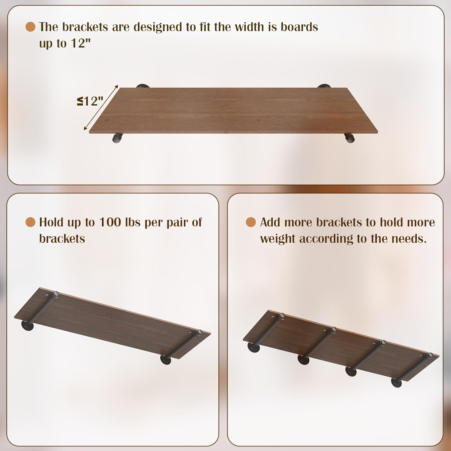 6 Pack Pipe Shelf Bracket 12 Inch Industrial Floating Shelf Bracket Wall Invisible Heavy Duty Shelving Bracket for Garment Rack DIY Use (No Board Included)