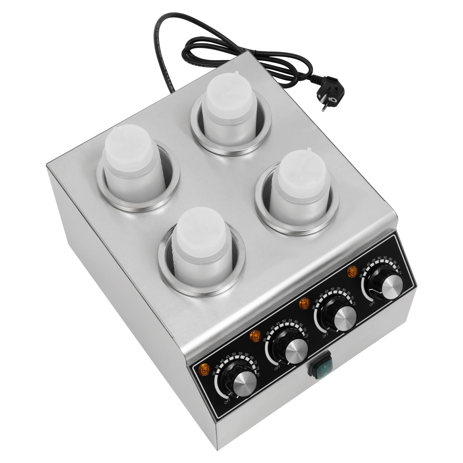 Calentador de salsas eléctrico, 800 W, con 4 botellas de PVC, máquina de calentamiento de salsas de acero inoxidable, 30-85 ℃, para mantener diferentes salsas calientes