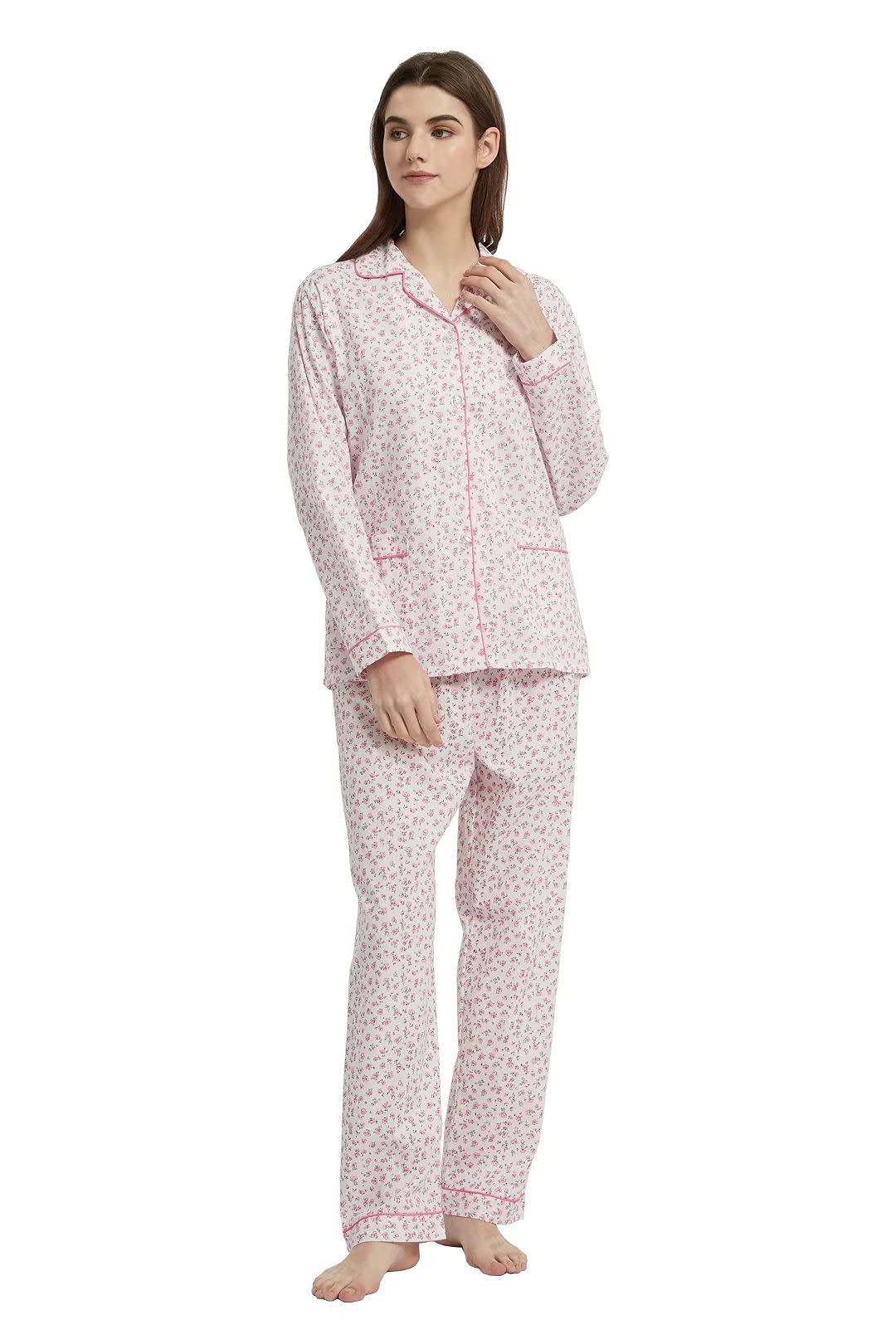 Amaxer Conjunto de pijama para mujer, 100 % algodón, manga larga, suave, con botones, elástico y cordón