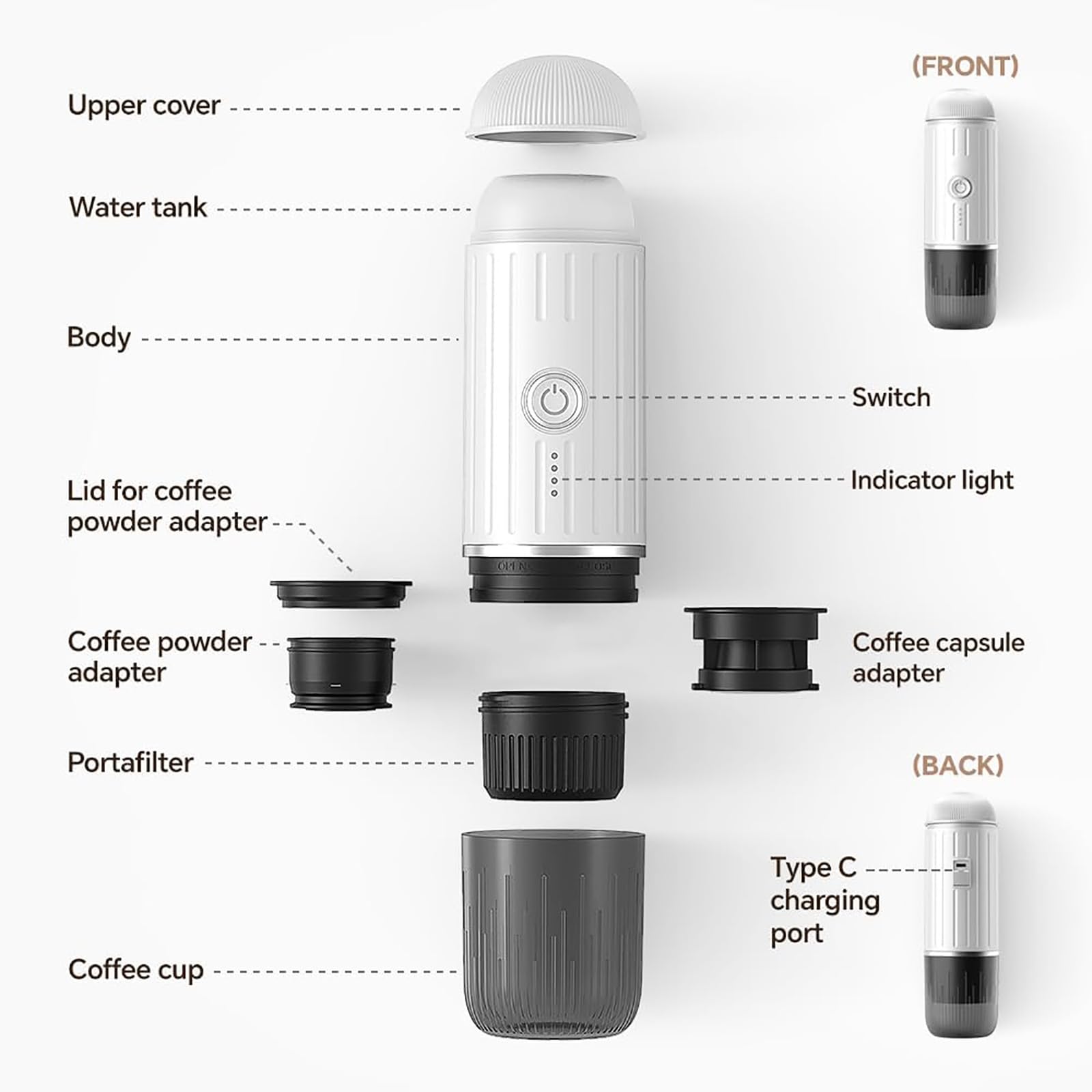 Cafetera Eléctrica Portátil para Viajes De Camping, Cafetera para Coche con Autocalentamiento Y USB-C, Café Molido a 19 Bares Y Cápsulas De Espresso N para Autocaravanas, Senderismo Y Oficina.