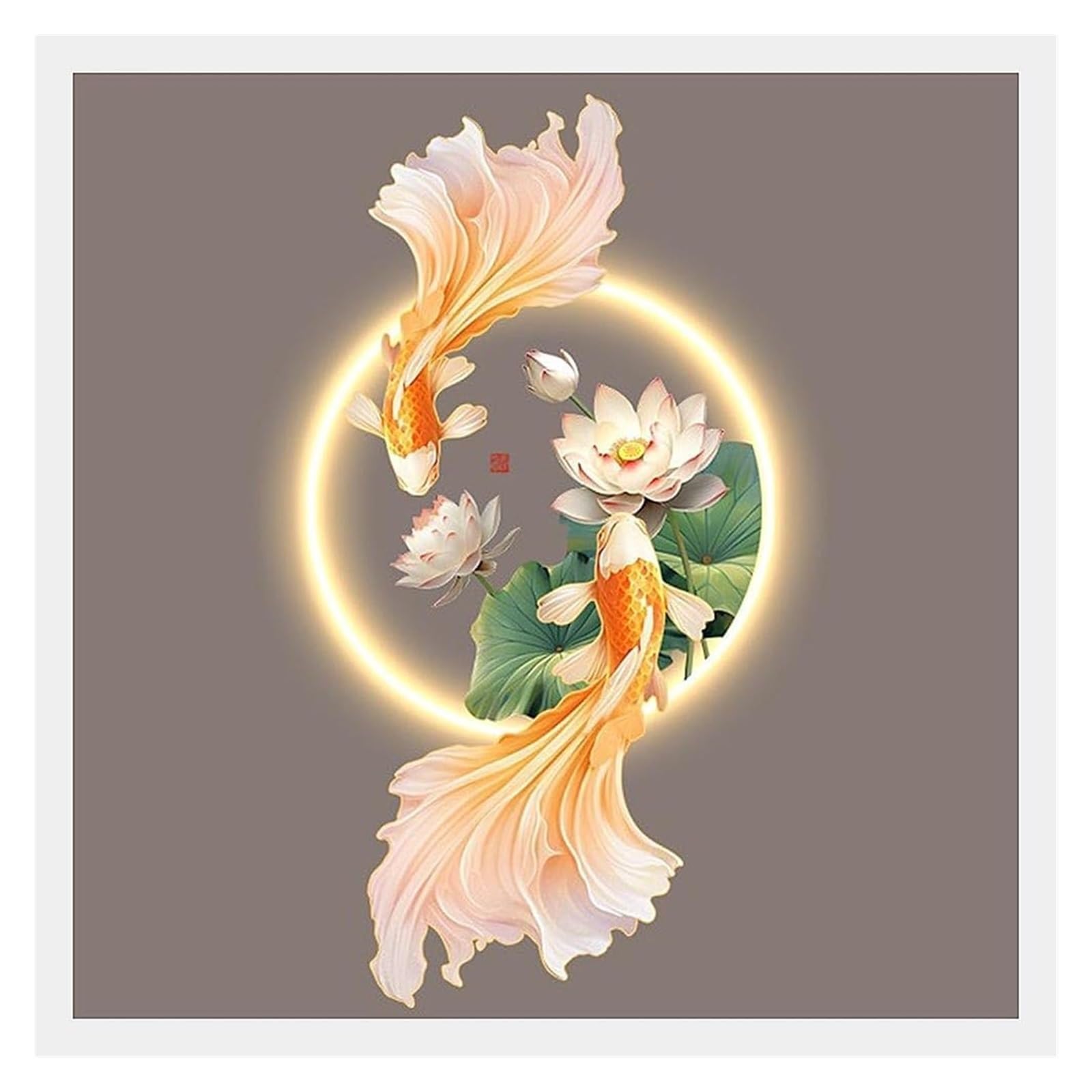 Granestner Chinese Style LED Wall Art Sculpture Painting with Remote Control, Luminous Lotus Koi Mural for Entrance and Corridor Decor