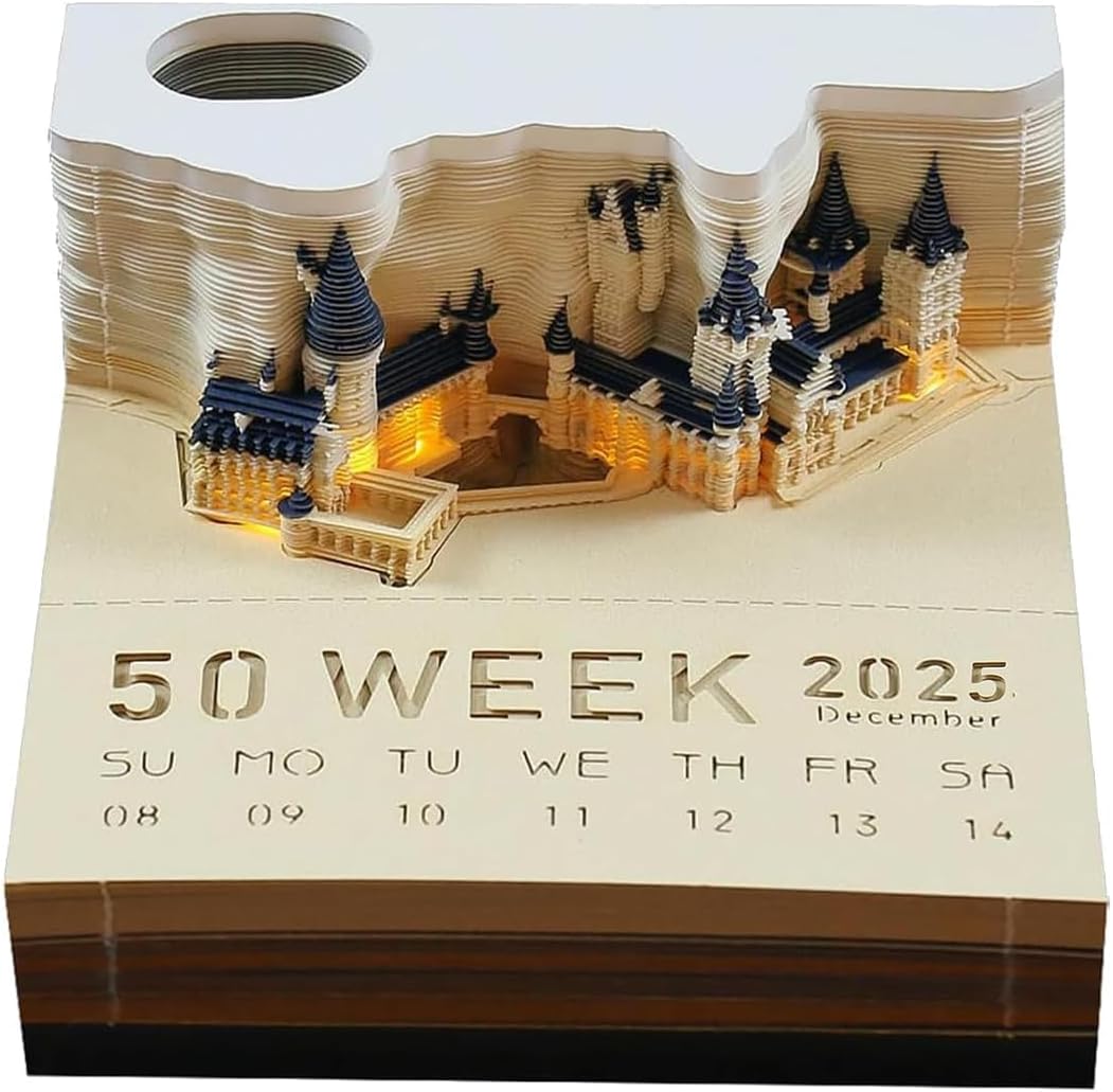Magic Castle 3D Memo Pad, 2025 Desk Weekly Calendar 284 Sheets Carving Art Notepad DIY Sticky Post Creative Stickers Papers Card Craft with LED for Office/Reading Room/Studio Gift Box