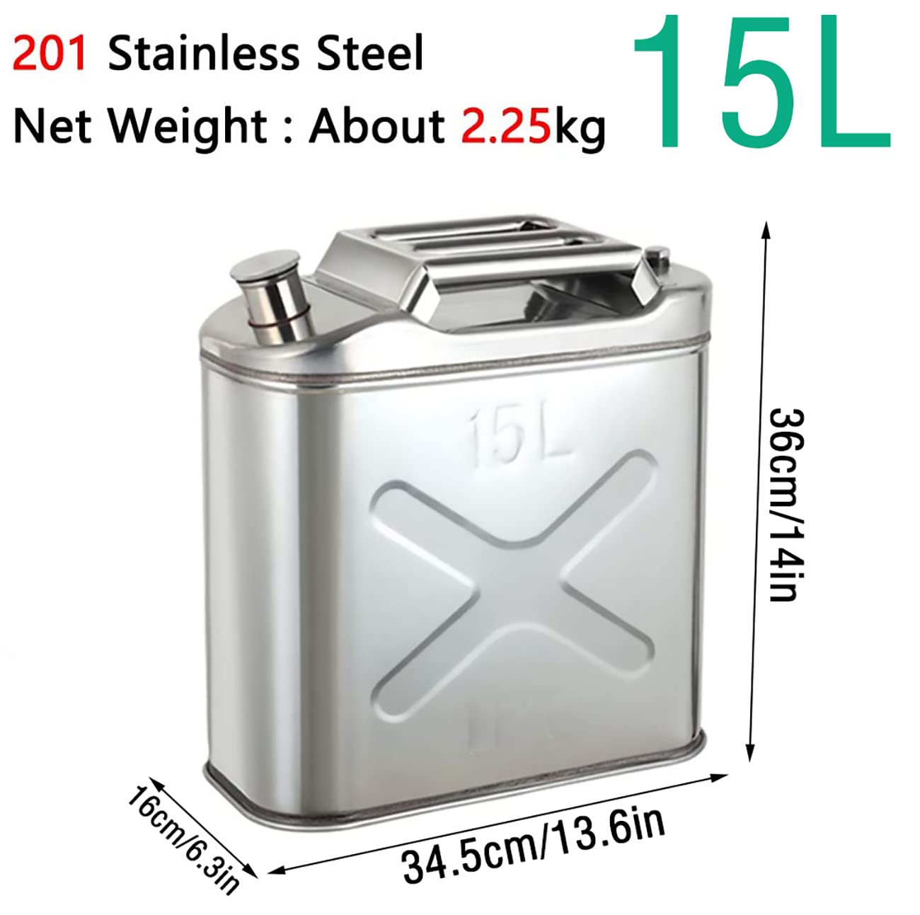5L/10L/15L/20L Paliwo Benzyna Benzyna Diesel Puszki na gaz Zbiornik Zbiornik Kopia zapasowa, kanister ze stali nierdzewnej 201 do motocykla Samochody Kosiarka do trawy Żeglarstwo Kemping,15L