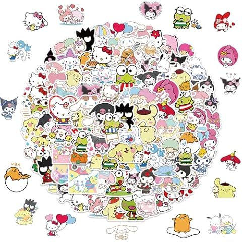 100pcs Sanrio Cartoon Stickers for Kids, Kawaii Hello Kitty Melody Kuromi Gift for Teen Girl Laptop Travel Case Phone Bike Water Bottle Guitar Computer Skateboard Cover