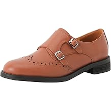 Womens Monk Strap Shoes Cowhide Perforated Fashion Buckle Vamp Brouge Oxfords Dress Shoes