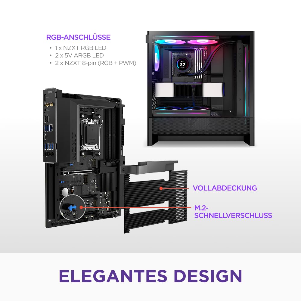 NZXT N7 B850 - AMD B850 AM5 ATX Mainboard - Schwarz | AMD-B850-ATX-Mainboard für Ryzen 9000/8000/7000. Wi-Fi, PCIe 5.0, DDR5 und RGB-Full-Cover. Mittelklasse-Power, cleaner Look.