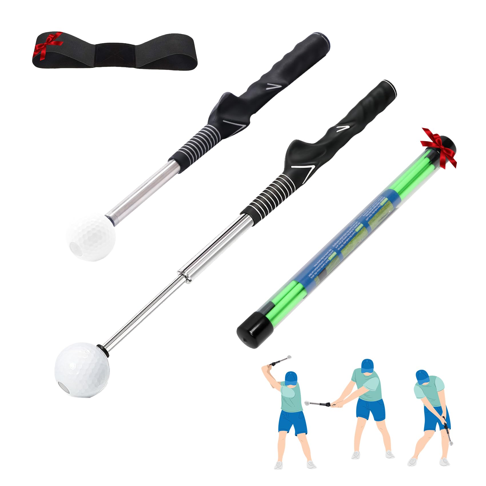 Retractable Golf Swing Trainer - Golf Swing Training Aid, Non-Slip Golf Grip Trainer, Strength & Tempo Training, Golf Alignment Sticks & Arm Band, Indoor Outdoor Golf Swing Practice, Right-Handed
