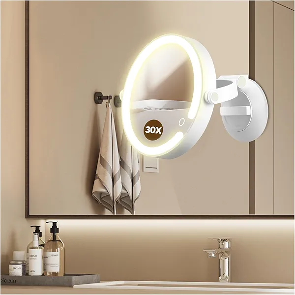 MOMOKUBA Magnifying Mirror with Light 30X, LED Bathroom Mirror with 3 Lighting Modes, 2-Sided 30x/1x Rotation Wall Mounted Makeup Mirrors, Rechargeable Mirrors with Lights and Suction Cup for Bathroom