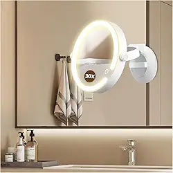 Espelho de aumento com luz 30X, espelho de banheiro de LED com 3 modos de iluminação, espelhos de maquiagem montados na parede com rotação de 30x/1x nos dois lados, espelhos recarregáveis com