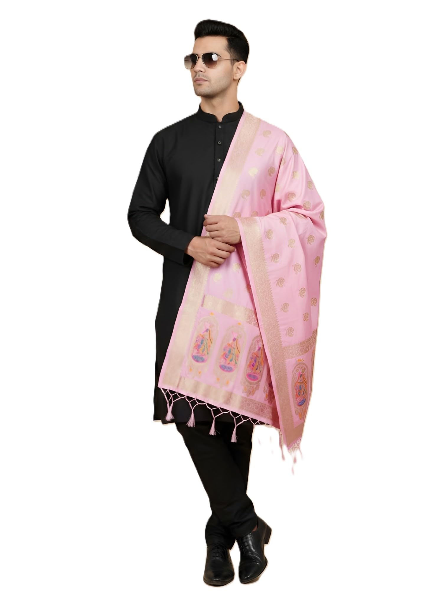 muffly Men's Woven Banarasi Silk Zari Dupatta Baby Pink-picture-20