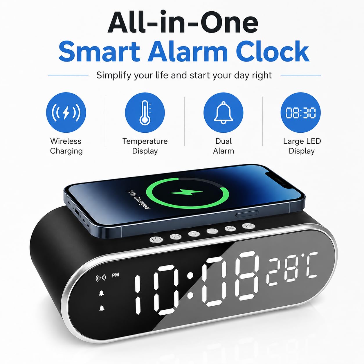 Sveglia per camere da letto con caricabatterie per telefono, piccolo orologio digitale da tavolo con visualizzazione della temperatura, sveglia con stazione di ricarica wireless, sveglia carina con
