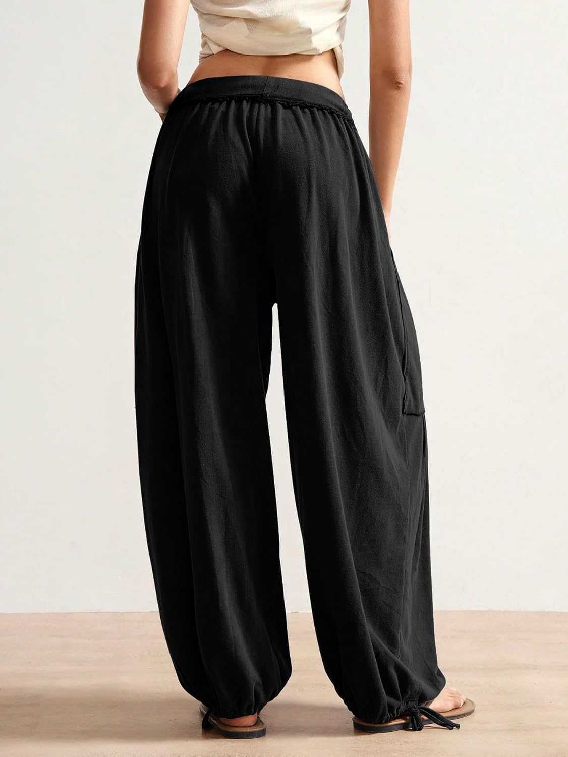 ZAFUL Boho Casual Pants for Women Baggy Pant Ruched Flowy Bottom Elastic Drawstring Waist Trouser with Pockets - Image 7